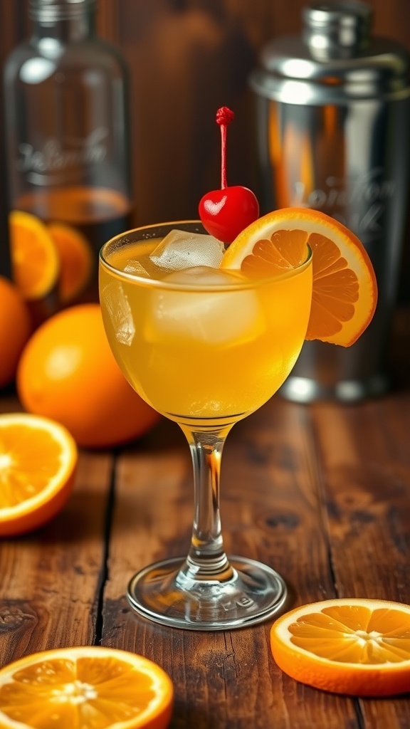 A bourbon sour cocktail with orange and cherry garnish on a rustic table.